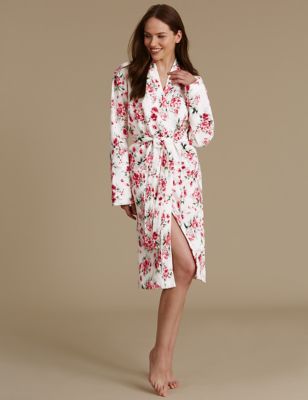 Pure Cotton Floral Print Waffle Dressing Gown